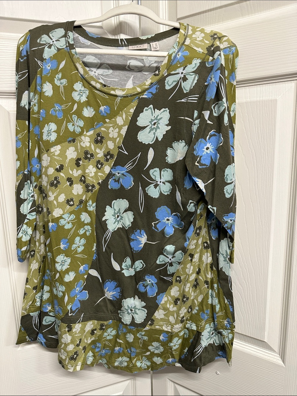 LOGO by Lori Goldstein Olive & Blue Floral Patchwork Scoop Neck Top